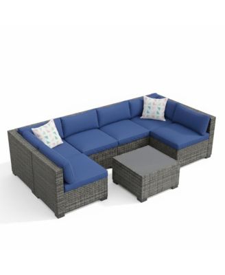 7-Piece Outdoor Sectional Set with PE Rattan Wicker, Thick Cushions and Tempered Glass Coffee Table, Modular Patio Seating