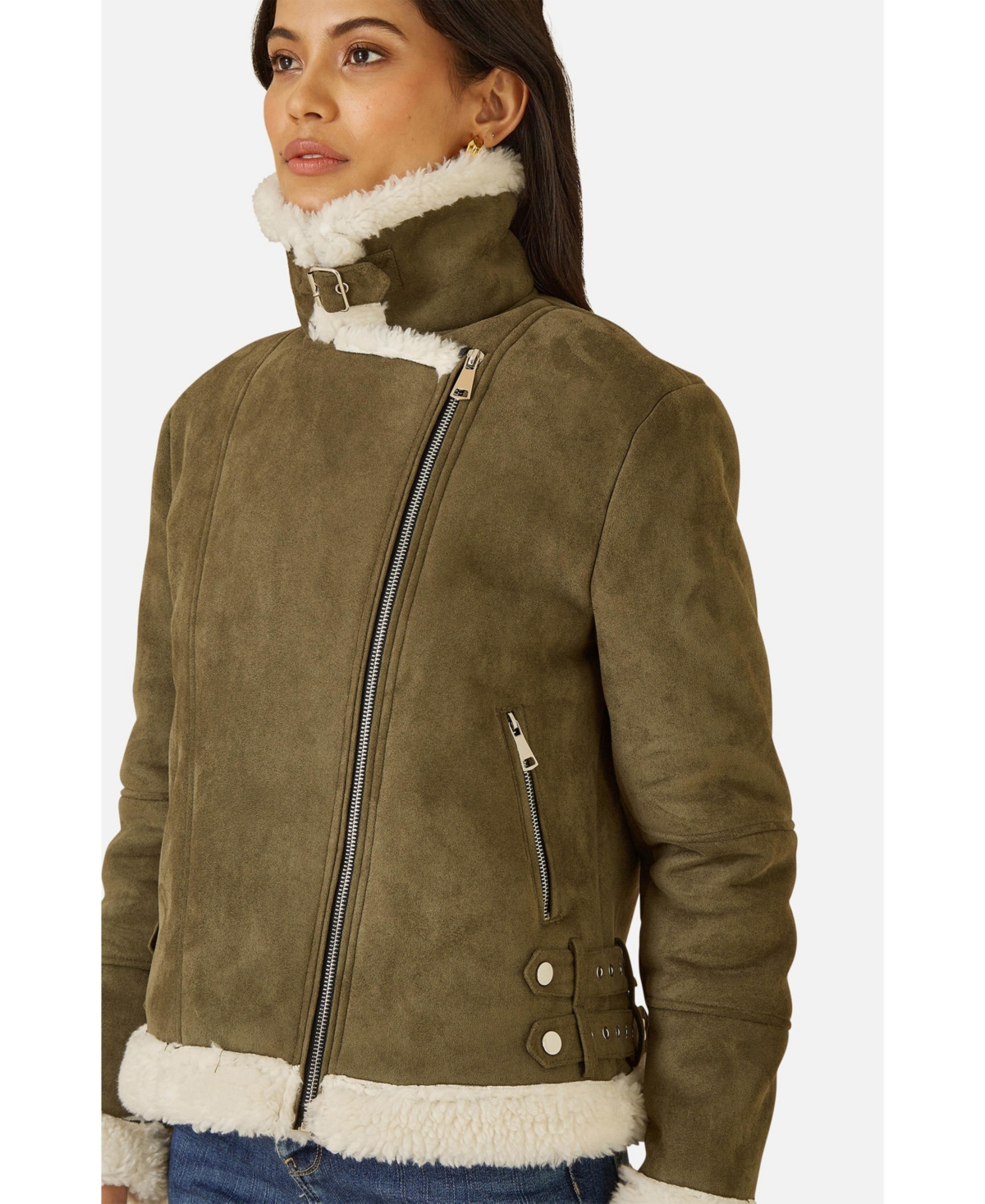 Yumi Women's Faux Suede Shearling Biker Jacket
