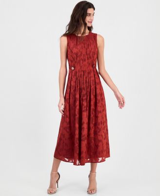 Women's Pleated-Front Button-Tab Scoop Neck A-Line Midi Dress
