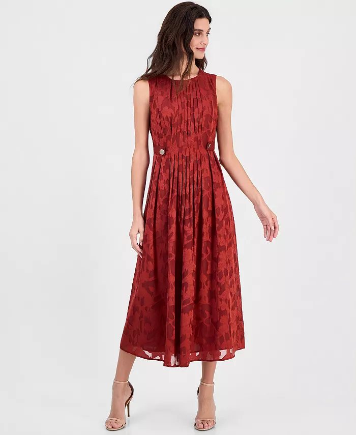 Women's Pleated-Front Button-Tab Scoop Neck A-Line Midi Dress