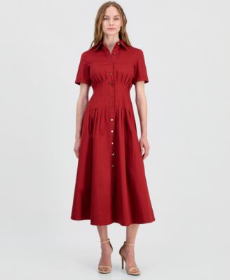 Women's Pleated-Waist Midi Shirt Dress