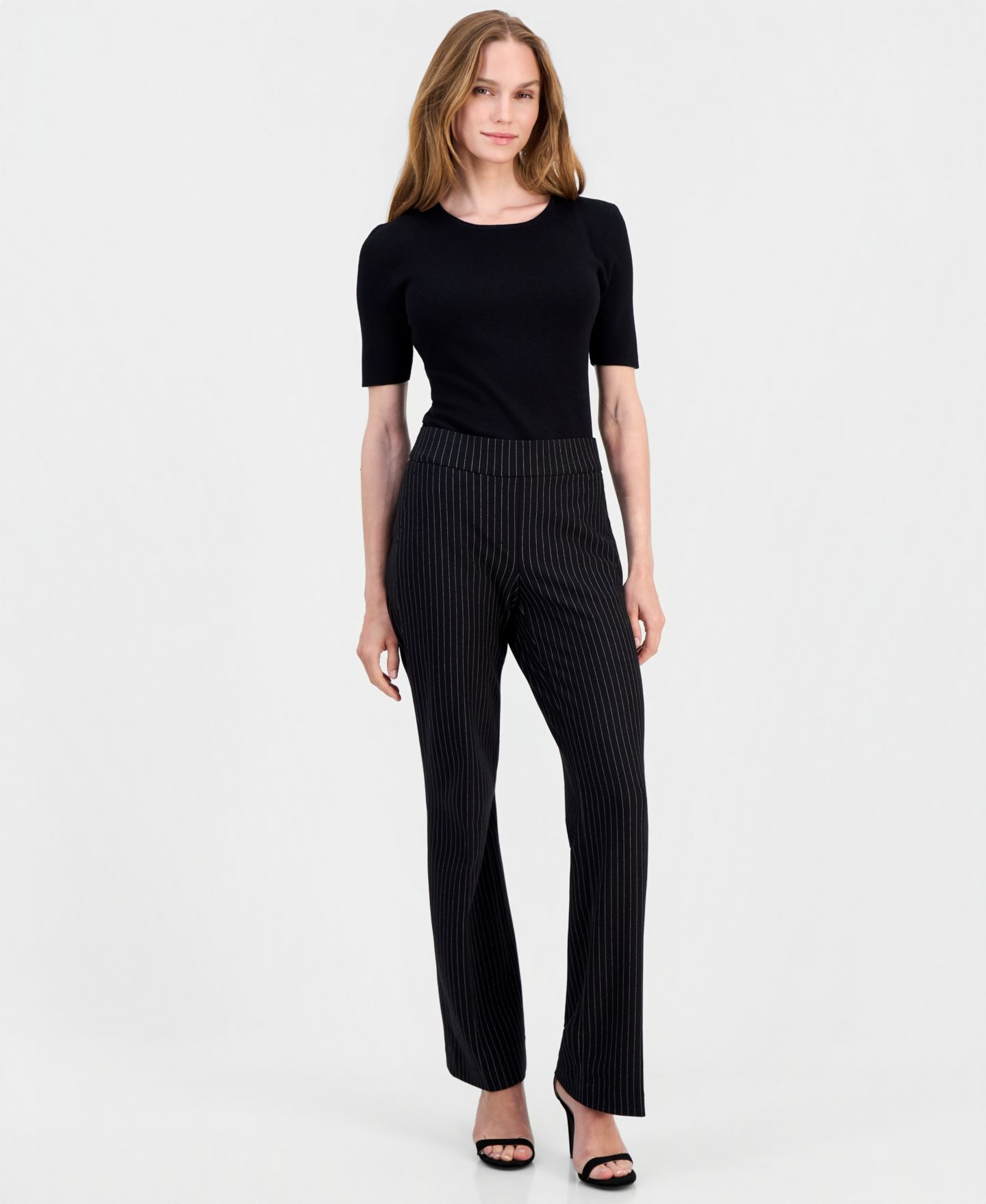 Женские брюки Anne Klein Pinstriped Mid Rise Pull-On, цвет: Чёрный / Белый — фото 2