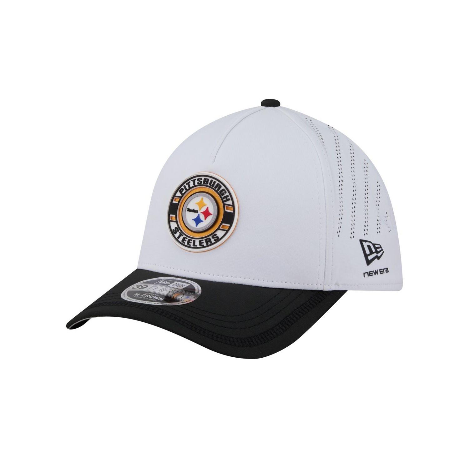 Men's White/Black Pittsburgh Steelers Patch 39THIRTY A-Frame M-Crown Perforated Flex Hat