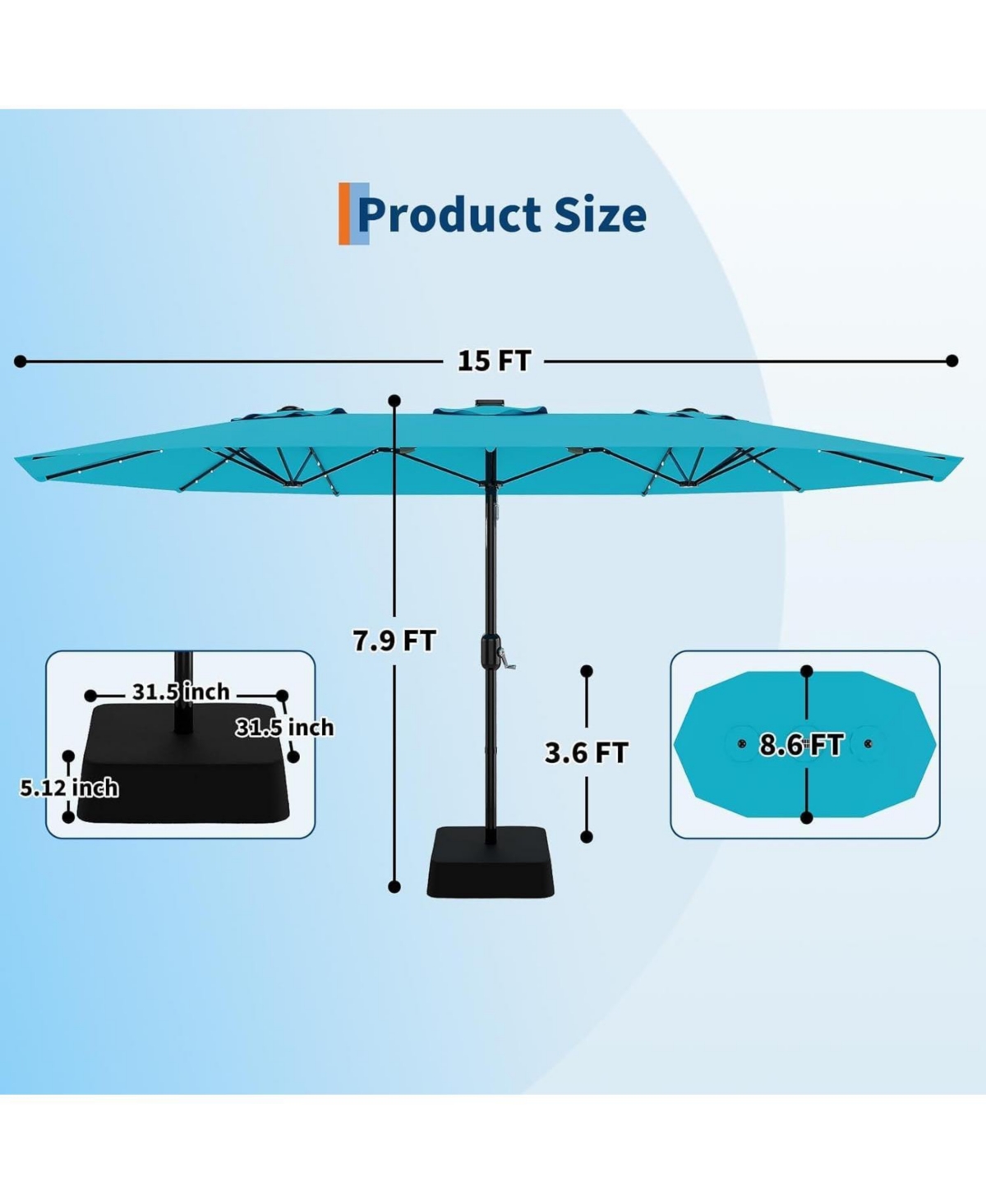 homfan 15FT Double-Sided Patio Umbrella with Solar Led Lights and Base, Uv Waterproof Canopy, 12 Ribs, Double-Layer Fabric, Heavy Frame