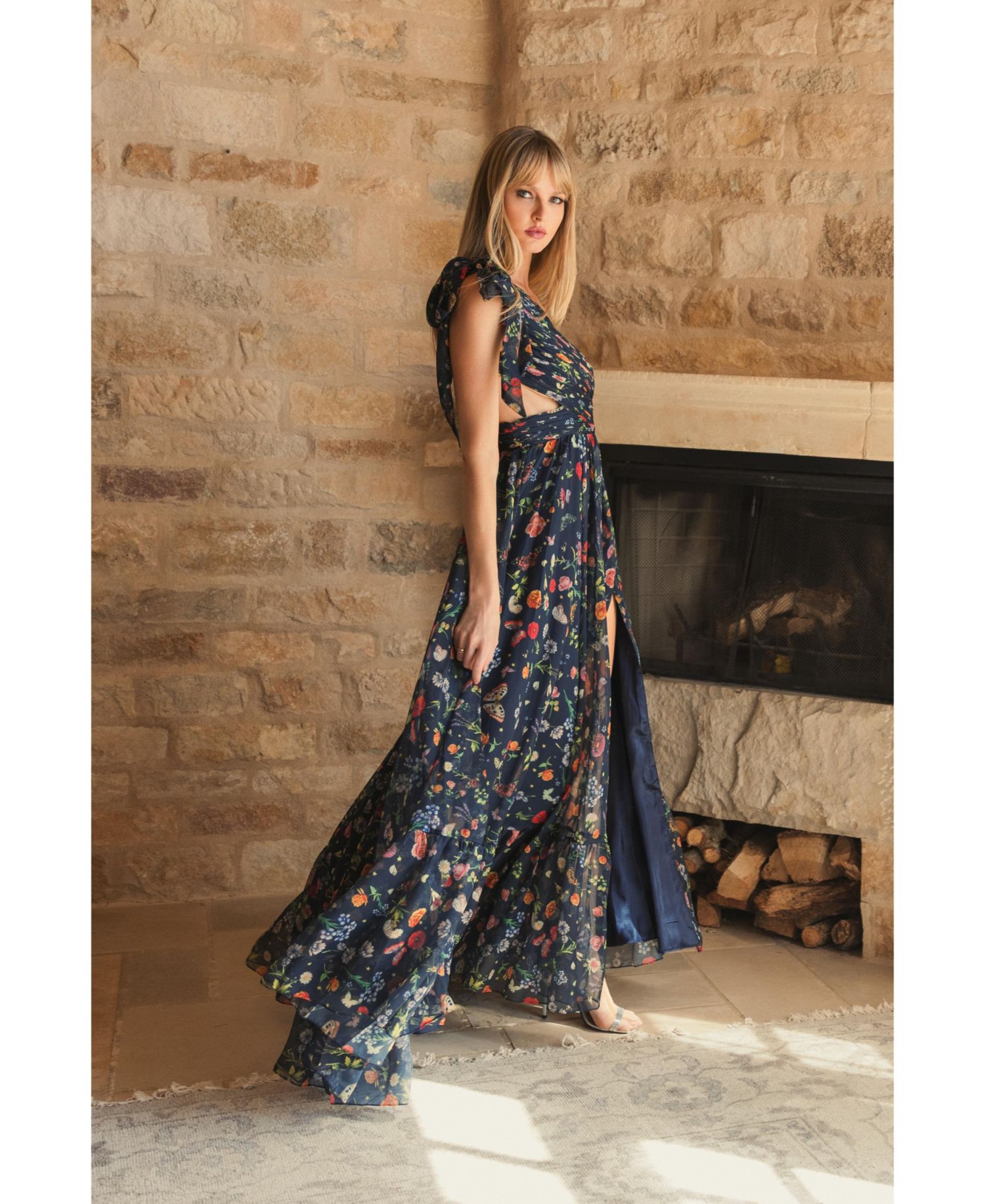 Women's Tied One Shoulder Cut-Out Flowy Gown