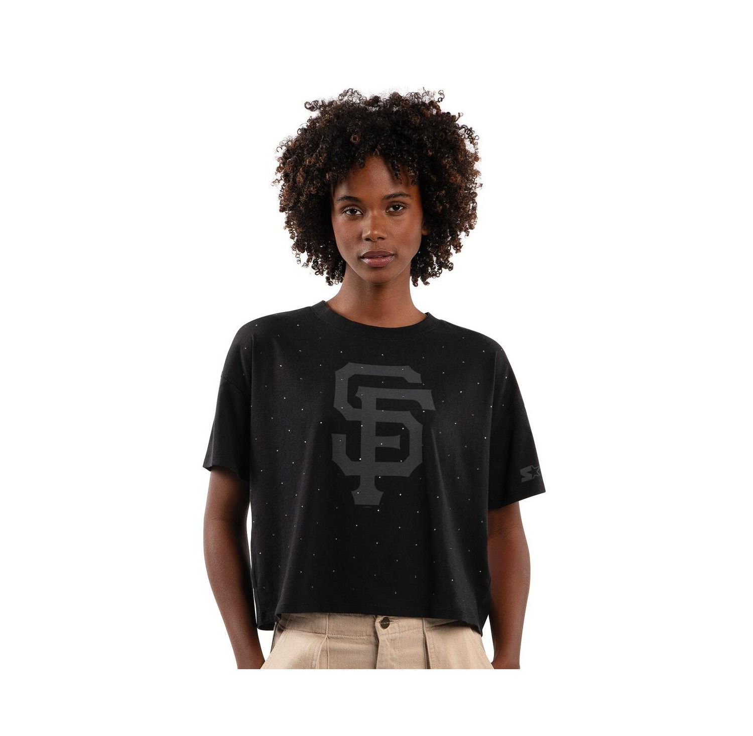 Women's Black San Francisco Giants Rhinestone Sprinkle Boxy Cropped T-Shirt