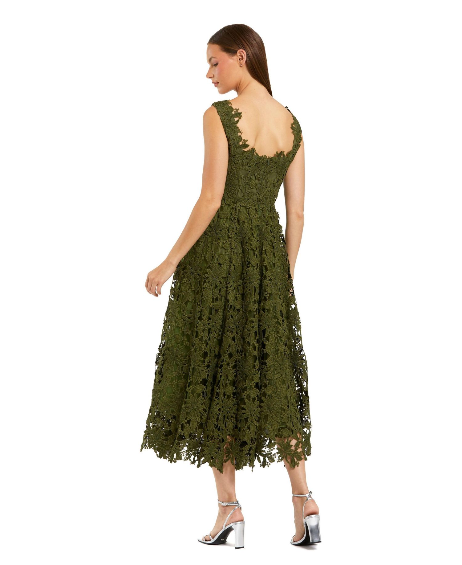 Women's Sleeveless Embroidered Lace A Line Midi Dress