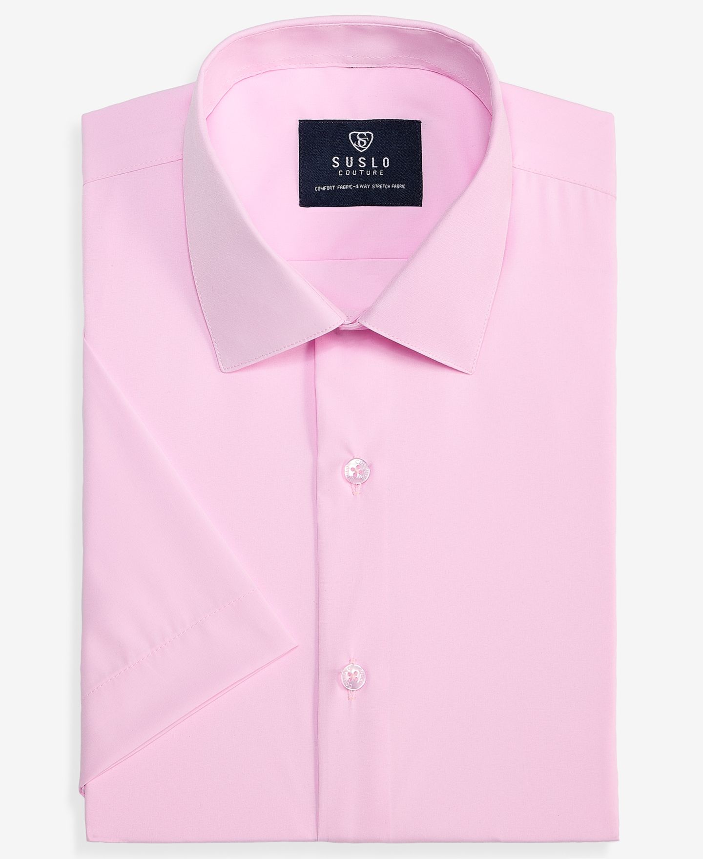 Мужская рубашка Suslo Couture Slim-Fit Four-Way Stretch Solid Short-Sleeve Dress Shirt, цвет: Розовый — фото 4