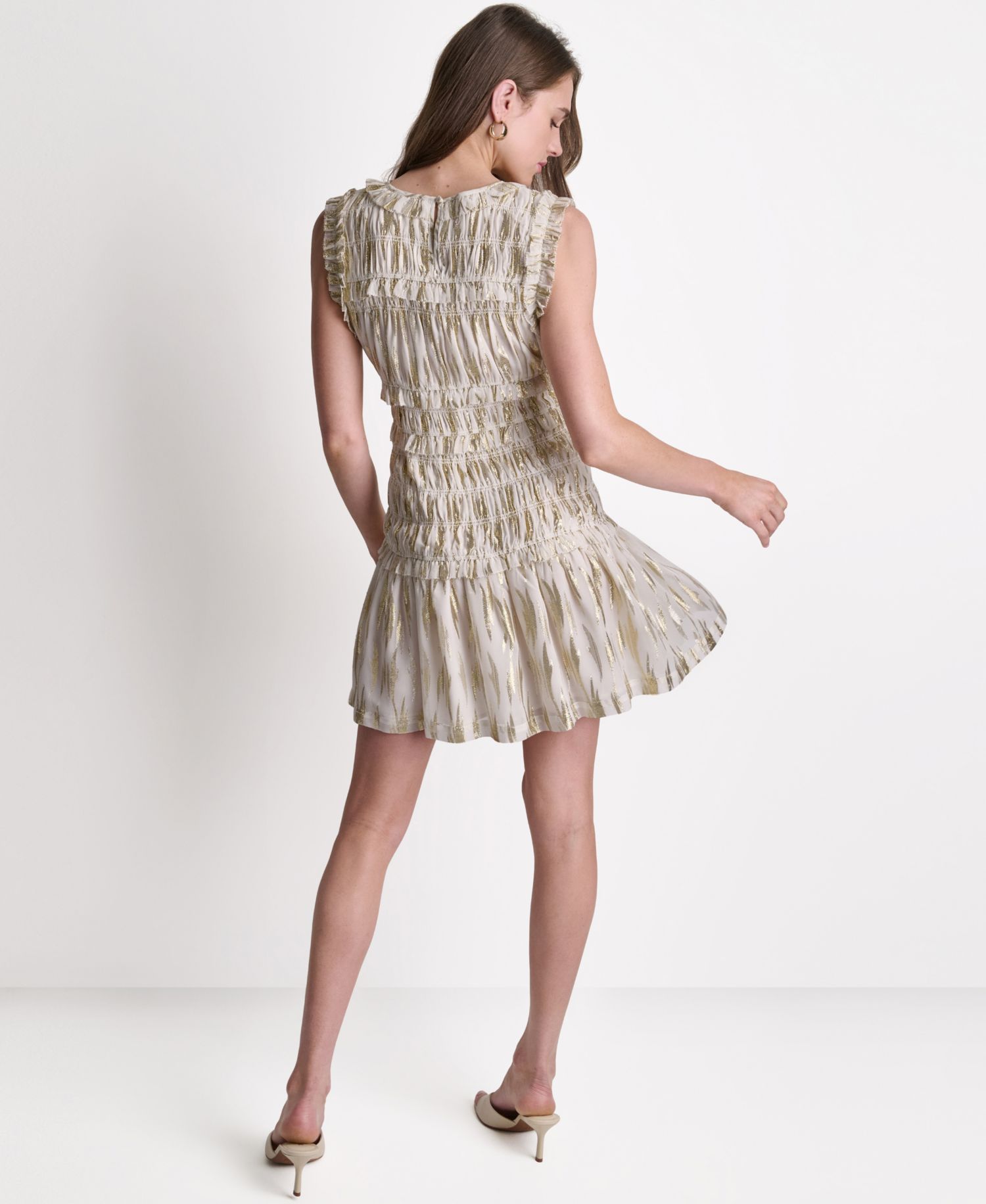 Women's Sleeveless Smocked Gold Foil Ruffle Mini Dress