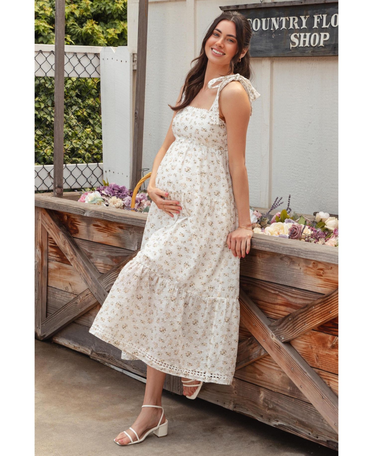 Women's Floral Shoulder Tie Midi Dress