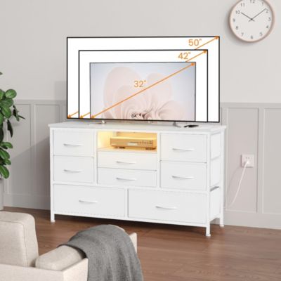 47" TV Stand Dresser with 8 Fabric Drawers, RGB LED Lights and Power Outlets, Wood-Top Console for TVs up to 55