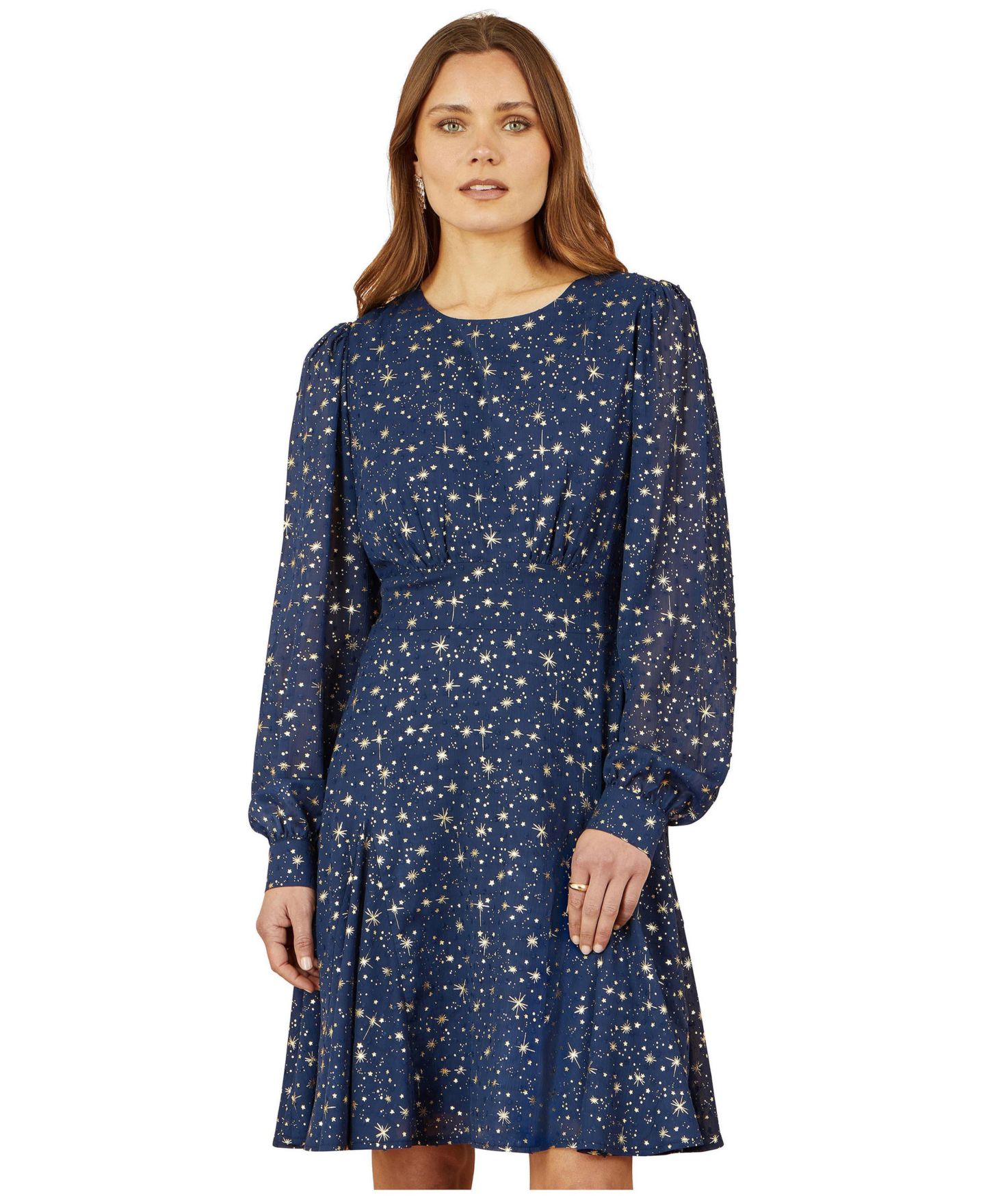 Женское платье Yumi Star Print Foil Long Sleeve, цвет: Тёмно-синий — фото 2