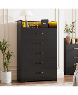 5-Drawer Wooden Dresser with LED Lights and Power Outlet, Modern Closet Storage Cabinet for Bedroom, Living Room