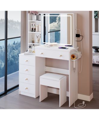 37 inches Vanity Table Stool, LED Mirror, 2AC, 2USB, Hair Dryer Stand