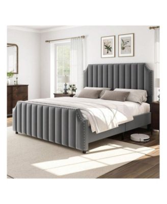 Queen Platform Bed Frame, Velvet Upholstered, 50.2" Vertical Channel Tufted Headboard & Footboard, Nailhead Trim
