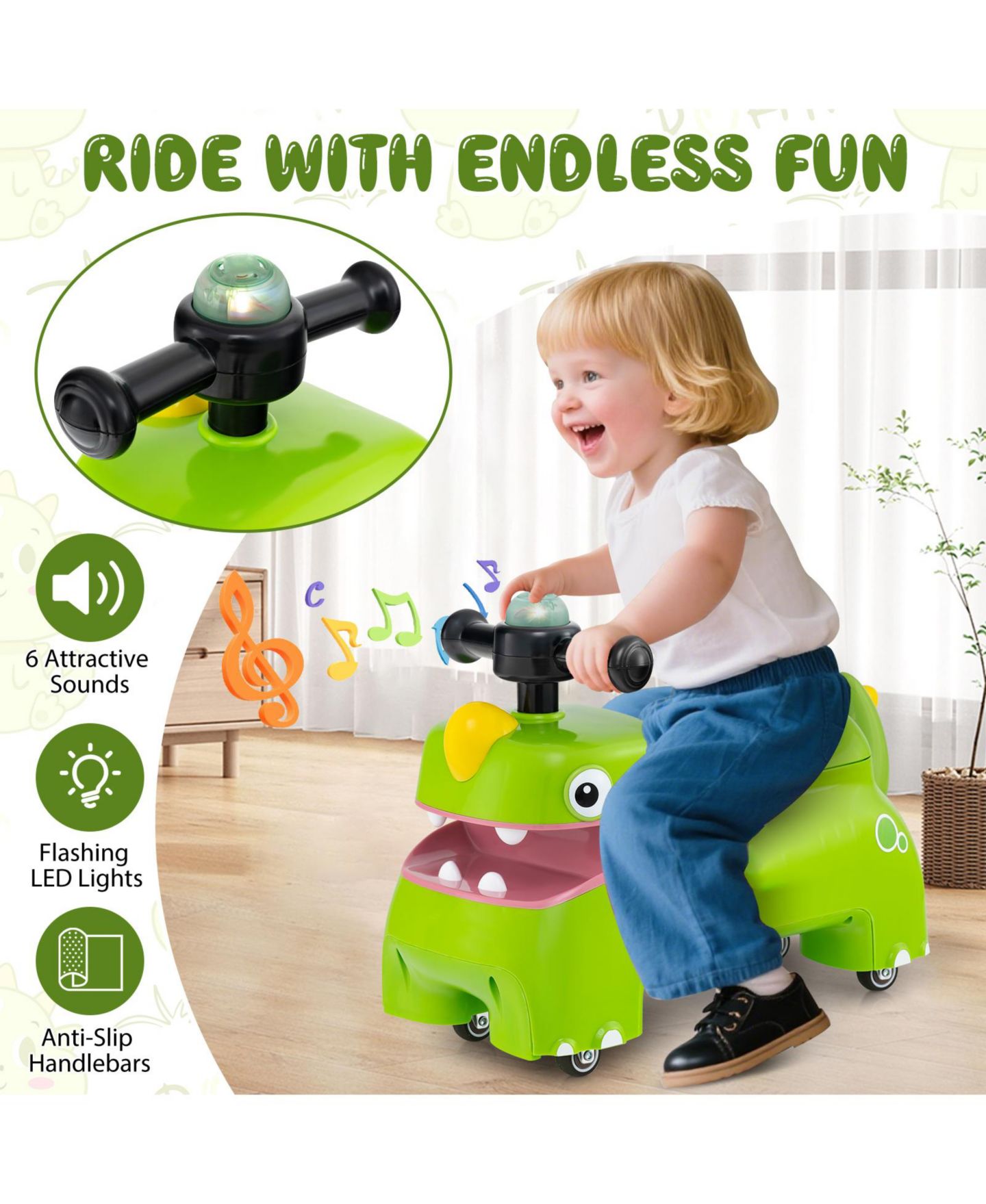 Детская игрушка Slickblue Toddler Walking Ride-On Car with Lights and Music, 20.5" x 9" x 15", Ages 18+ Months, цвет: Зелёный — фото 8