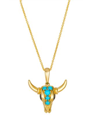 Robin's Egg Blue Turquoise (1/4 ct. t.w.) & Diamond Western Bull Pendant Necklace in 14k Honey Gold