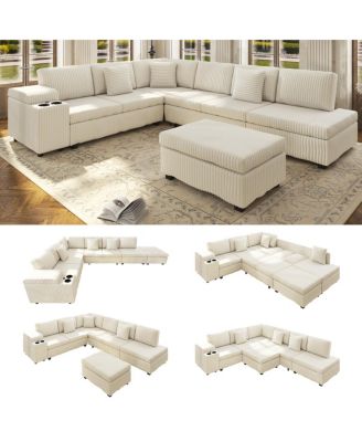  L Shaped Sectional with Ottoman USB Storage Corduroy