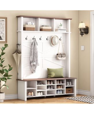 Farmhouse 4-in-1 Hall Tree with 6 Hooks and 16 Shoe Compartments