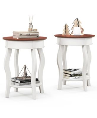 2PCS 2-Tier Side Table w/ Storage Wooden Nightstand and Shelf and Solid Rubber Wood Legs
