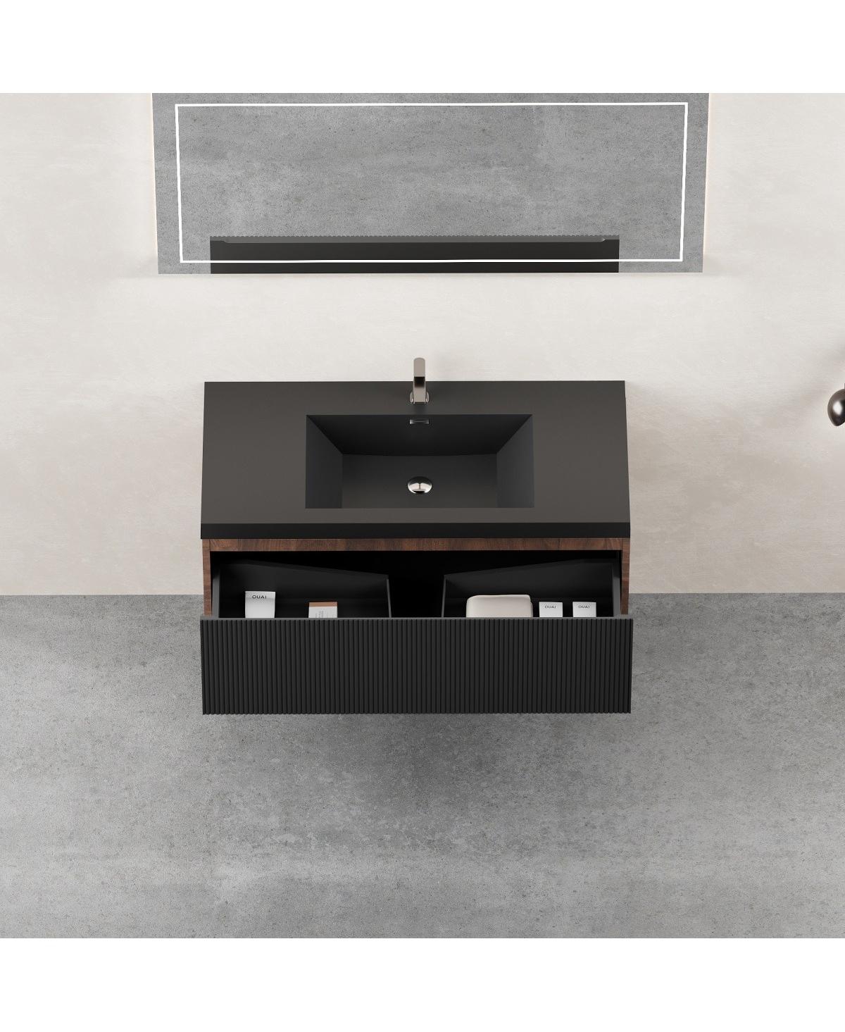Sillysis Wall Mounted Bathroom Vanity, Quartz Sand Matte Sink, Wave Textured Drawer