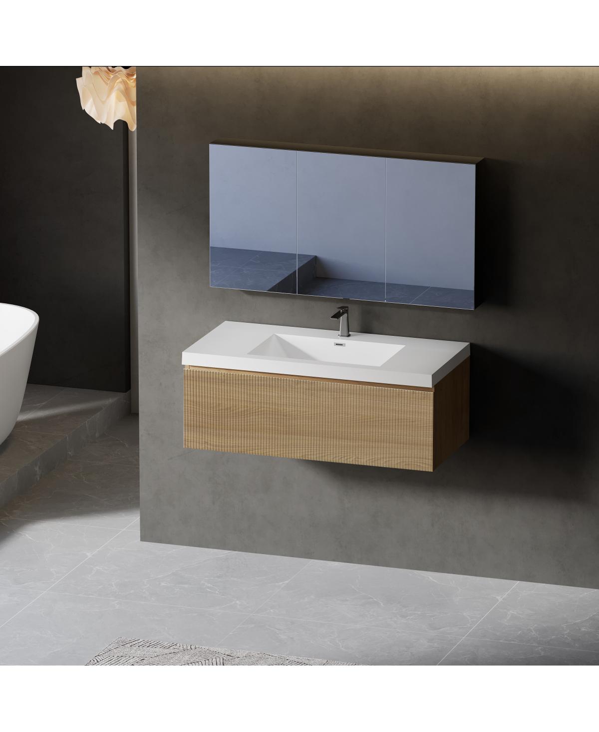Sillysis Wall Mounted Bathroom Vanity, Glossy Stone Resin Sink, Oak Wave Textured Drawer