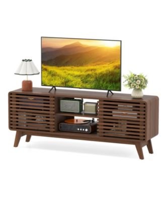 TV Stand w/Sliding Doors Adjustable Shelves and Rubber Wood Legs for TVs up to 65''