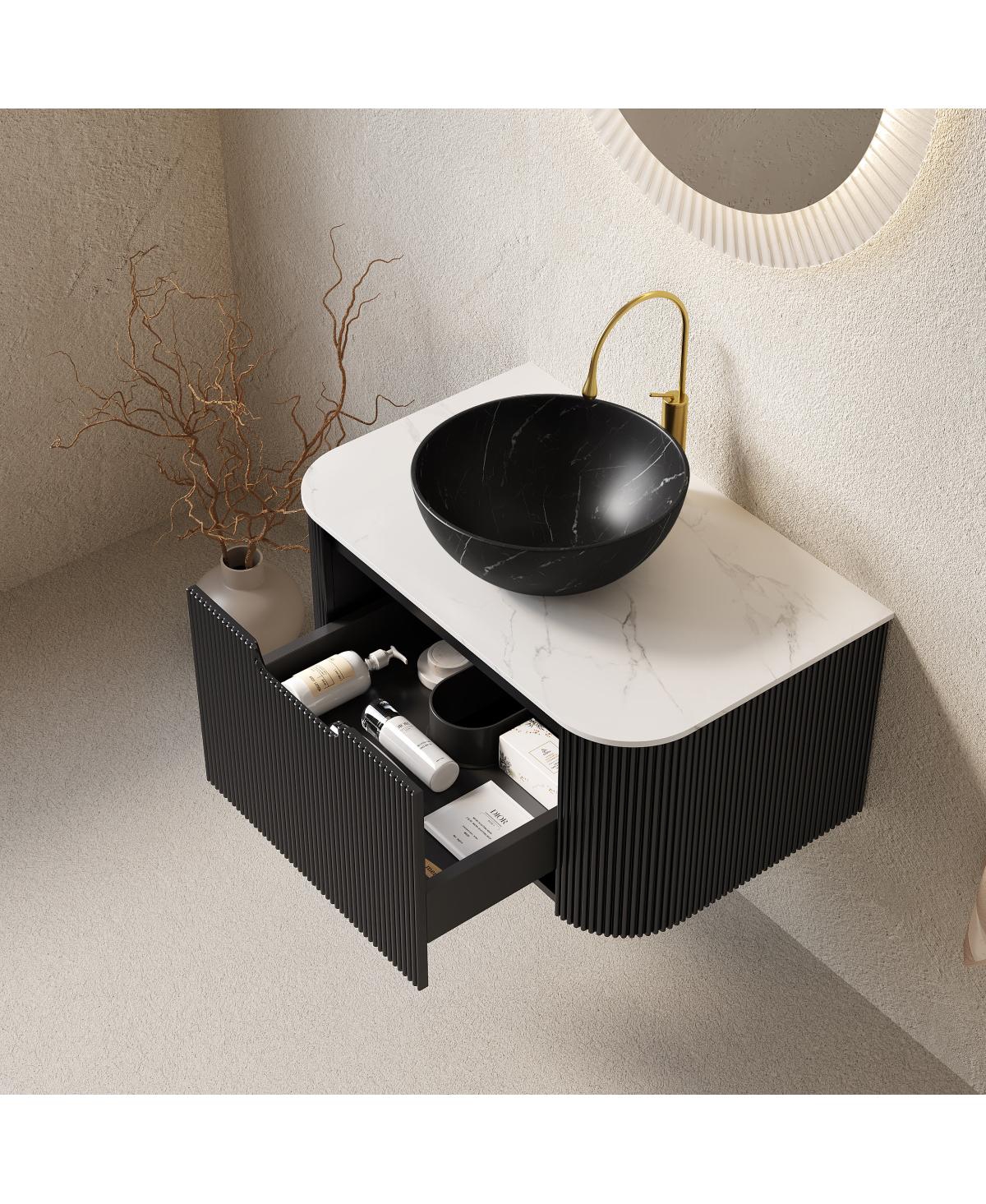 Sillysis Wall Mounted Bathroom Vanity, Carrara Sintered Stone Top , Striped Plywood Cabinet