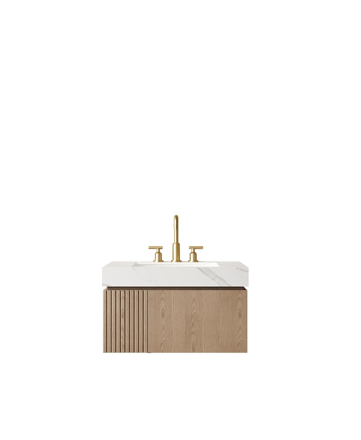 Sillysis Wall Mounted Bathroom Vanity, Carrara Sintered Stone Top, 3-Hole Ceramic Sink, Soft Close Cabinet
