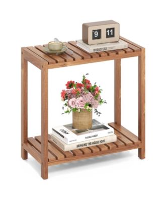 2-Tier Side Table Teak Wood Stand Utility Storage Shelf Organizer Entryway Bench