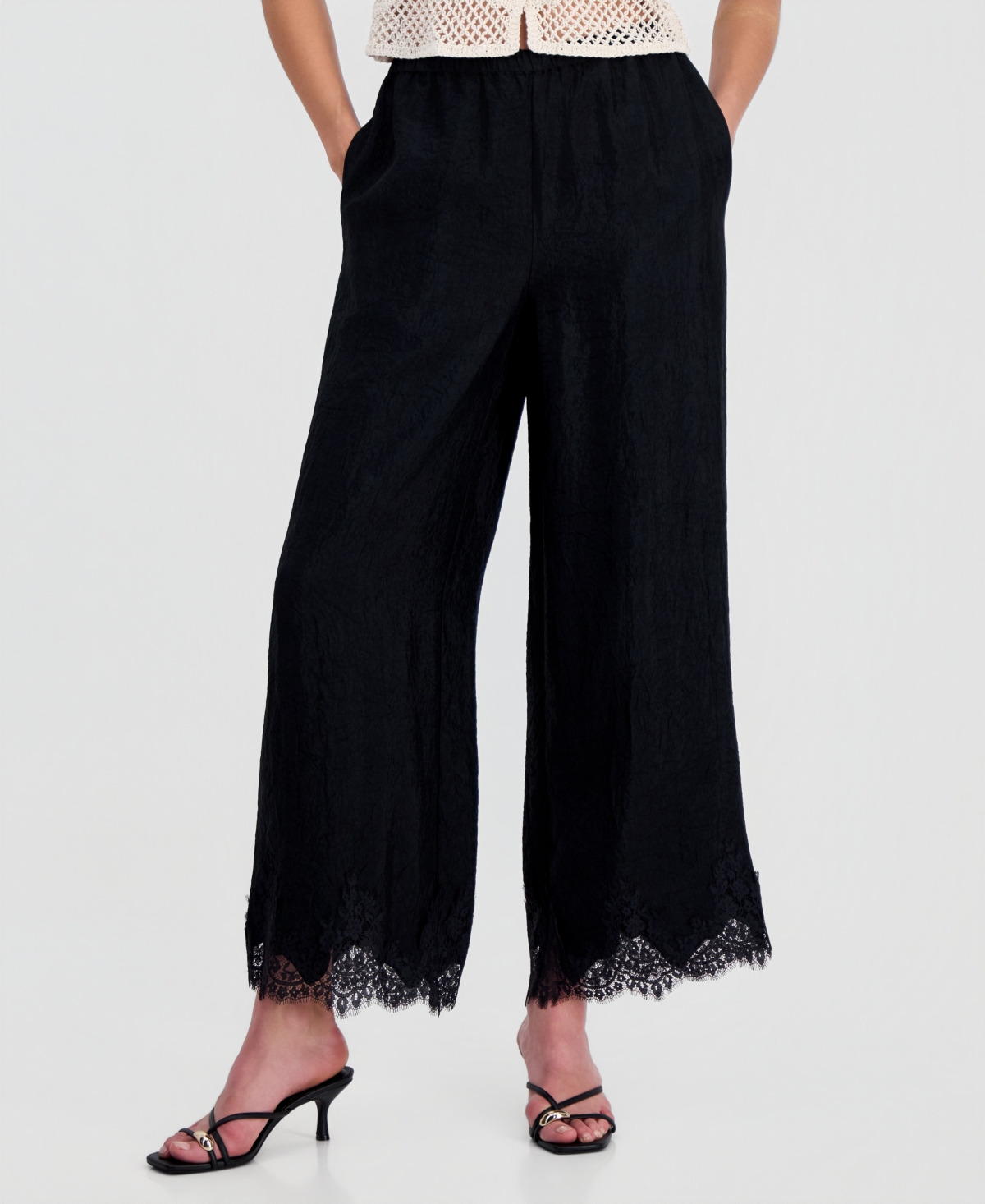 On 34th Women's Crinkle Satin Lace-Hem Pull-On Pants, Macy's Exclusive