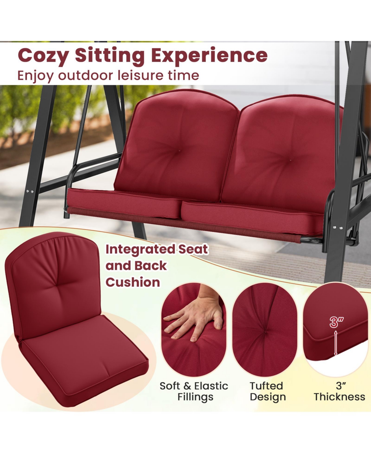 Sugift 2-Person Outdoor Porch Swing with A-Shaped Metal Stand and Adjustable Canopy