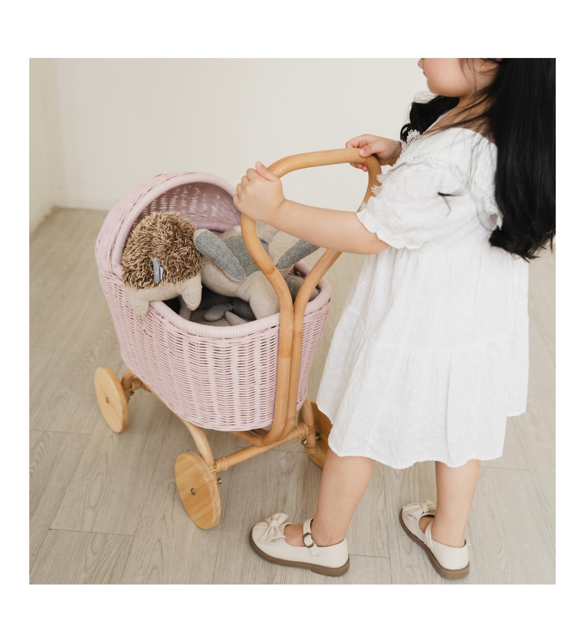 Momiji Colette Handcrafted Rattan Doll Stroller with Wooden Wheels and Toy Mattress