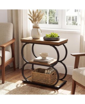 Narrow Side Table, 3-Tier Skinny Wooden End Table for Living Room, Slim Metal Nightstand