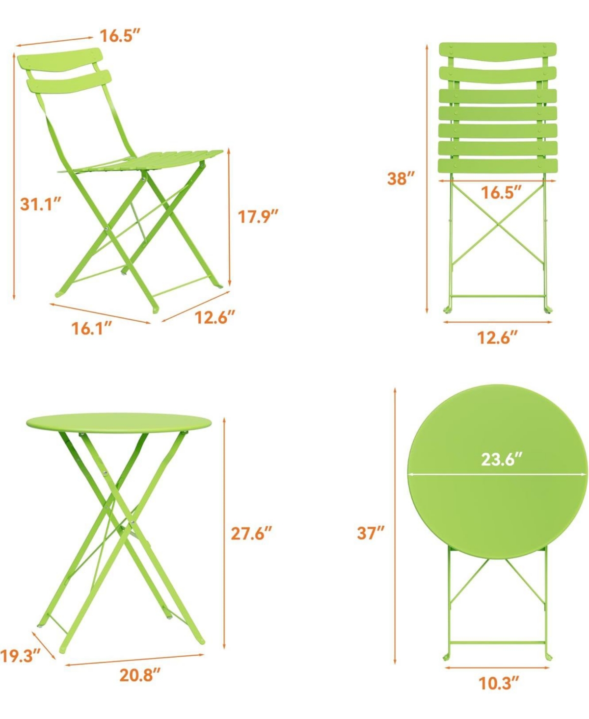 GarveeLife 3-Piece Folding Patio Bistro Set, Metal Outdoor Table and 2 Chairs, Space-Saving Compact Design for Balcony, Garden, Yard