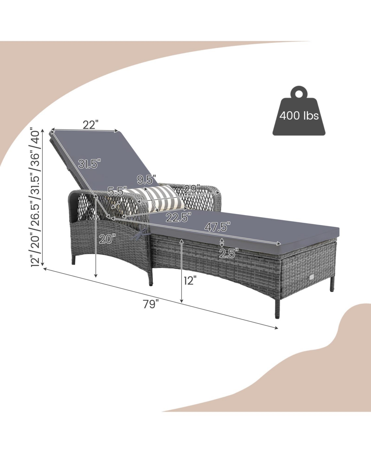 Slickblue Patio Reclining Chaise Lounge with 6 Position Backrest for Outdoor Relaxation