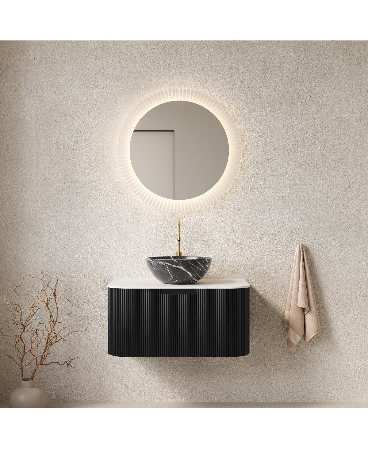 Sillysis Wall Mounted Bathroom Vanity, Artificial Marble Top with Bowl Sink, Striped Plywood Cabinet