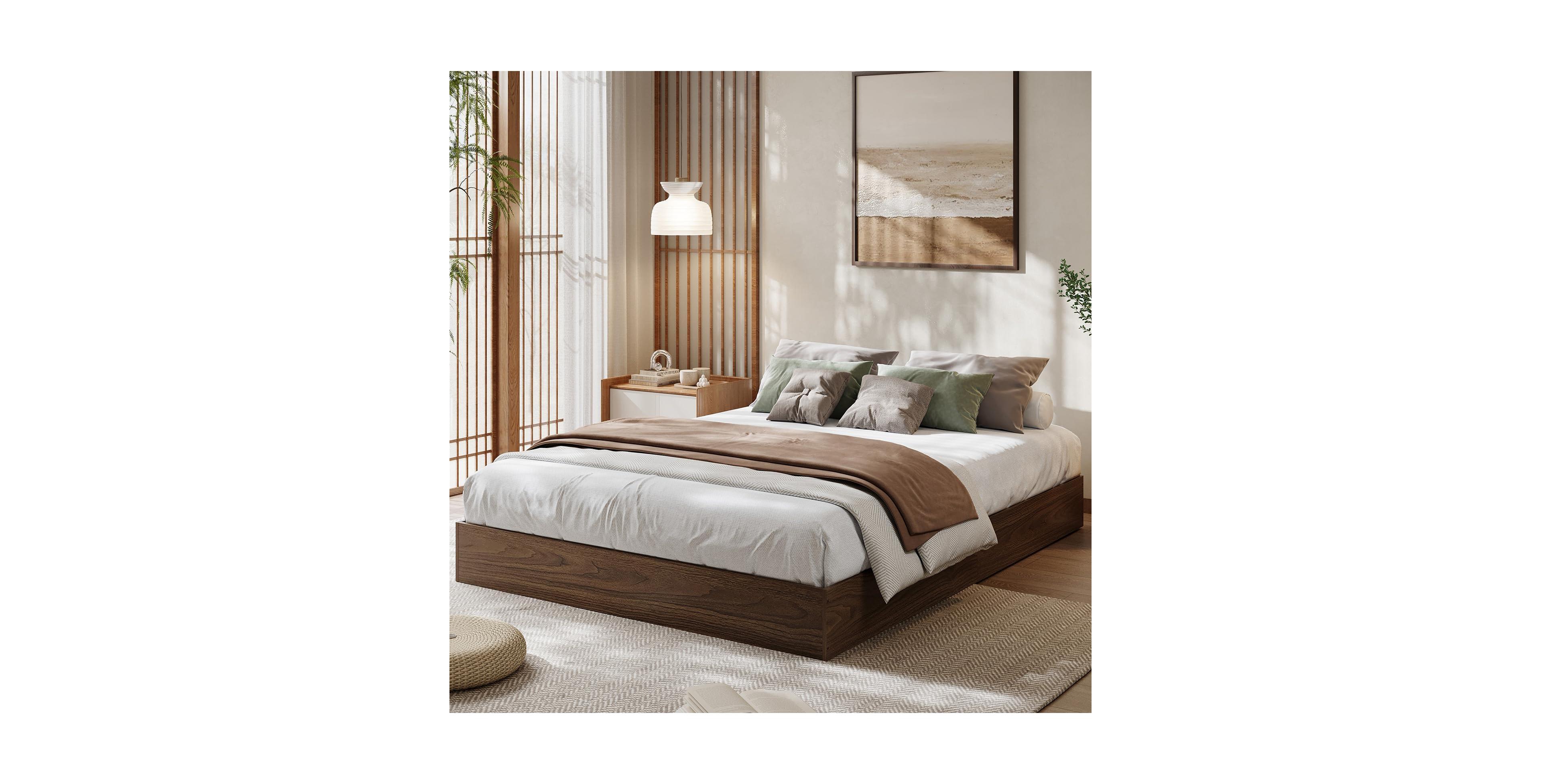 homfan Wood Platform Bed Frame,Bed Frame Without Headboard, Wood Slat Support,No Box Spring Needed