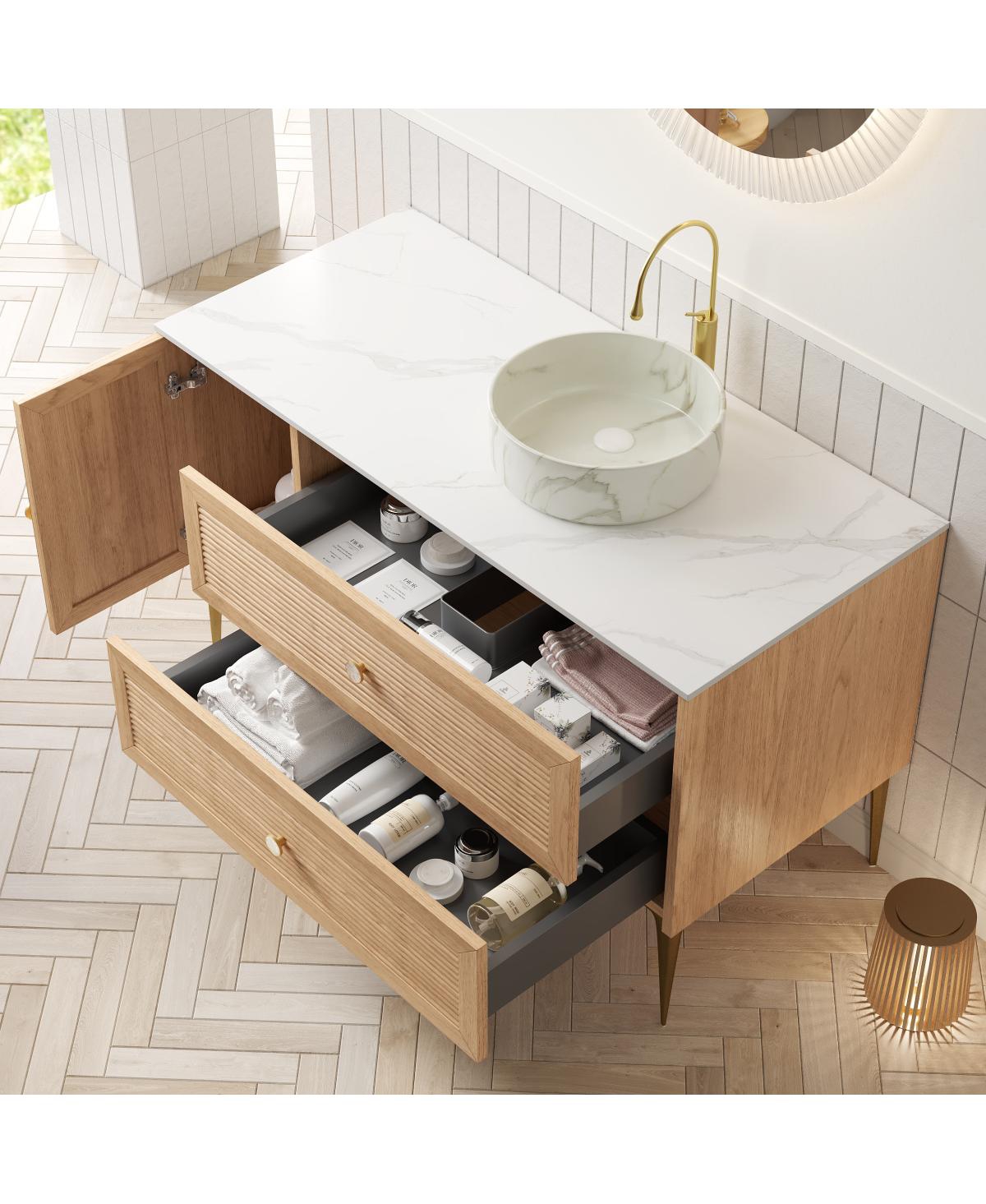 Sillysis Modern Bathroom Vanity with Round Ceramic Basin, Carrara Sintered Stone Countertop, 2 Drawers and 1 Door