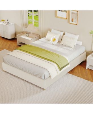 Upholstered Low Platform Bed Frame with Round Wood Legs, No Headboard, Wood Slat Support, No Box Spring Needed
