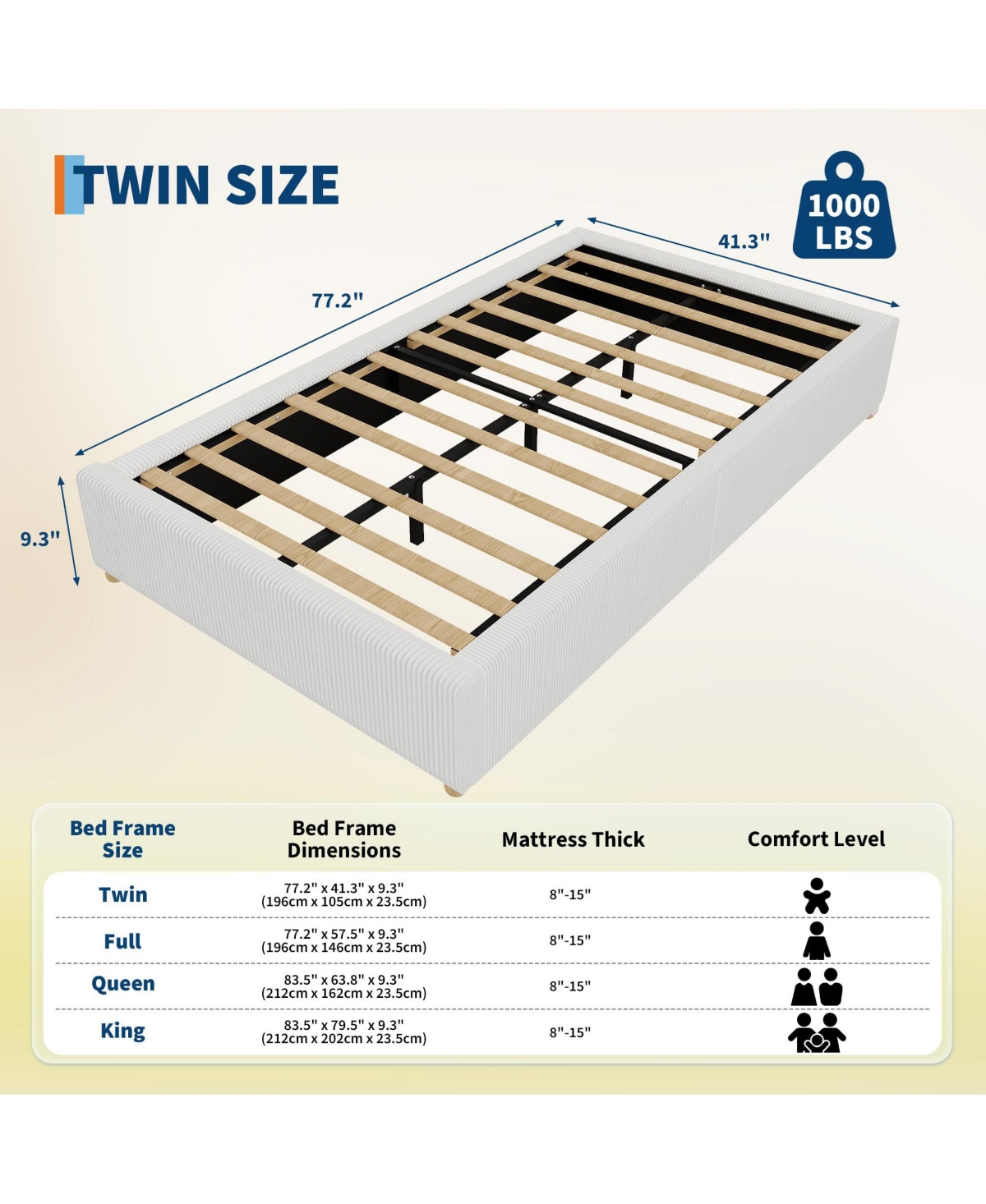 homfan Upholstered Low Platform Bed Frame with Round Wood Legs, No Headboard, Slat Support
