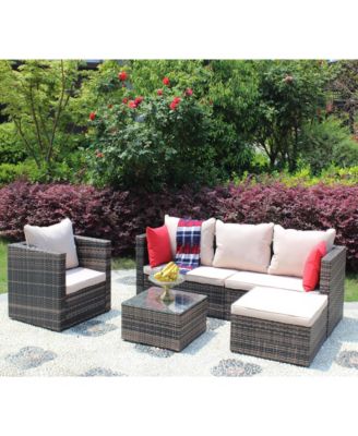 4 Piece Outdoor Rattan Conversation Sofa Set PE Wicker Patio Furniture Set with Cushion, Tempered Glass Coffee Table