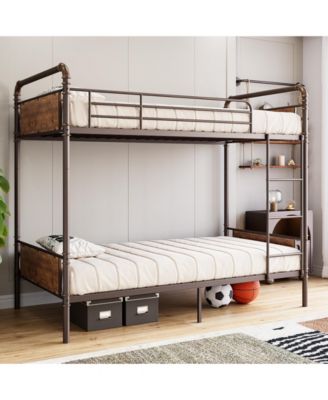 Twin Over Twin Metal Bunk Bed, Converts to 2 Single Beds, Detachable Ladder and Guardrails, Industrial Style with Board Accents