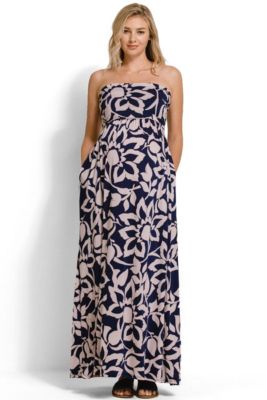 Maternity Floral Strapless Empire Waist Maxi Dress with Side Pockets