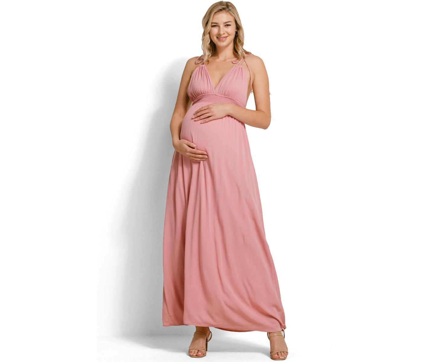 Женское платье Hello Miz V-Neck Tie Strap Empire Waist Maxi with Pockets, цвет: Розовый — фото 1