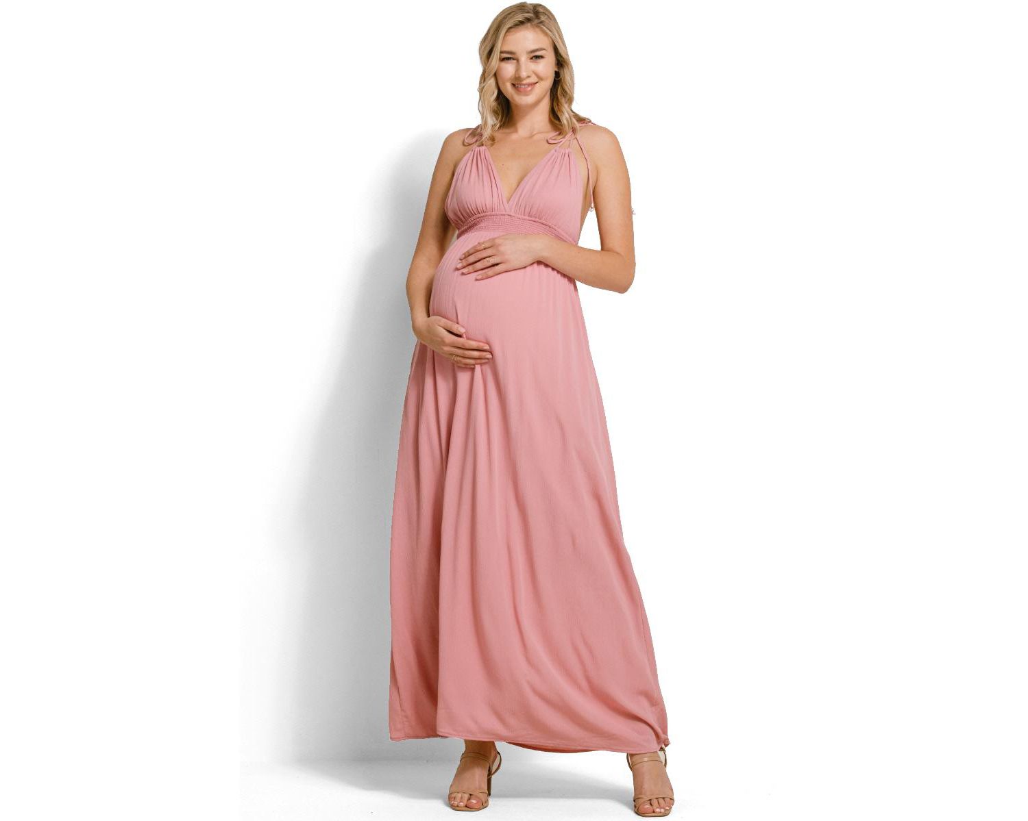 Women's V-Neck Tie Strap Empire Waist Maxi Dress with Pockets