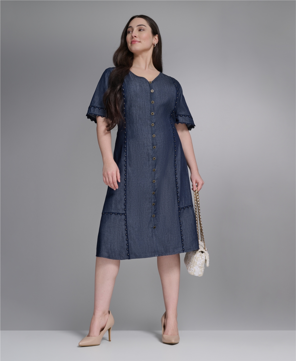 Karl Lagerfeld Paris Plus Rayon-Blend Chambray V-Neck Dress