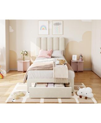 Frame with Under, Upholstered Platform Bed with Wave Headboard for Kids/Girls, No Box Spring Needed