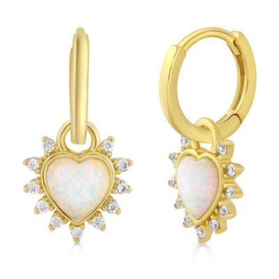 Elegant White Opal Halo Heart CZ Charm Hoops