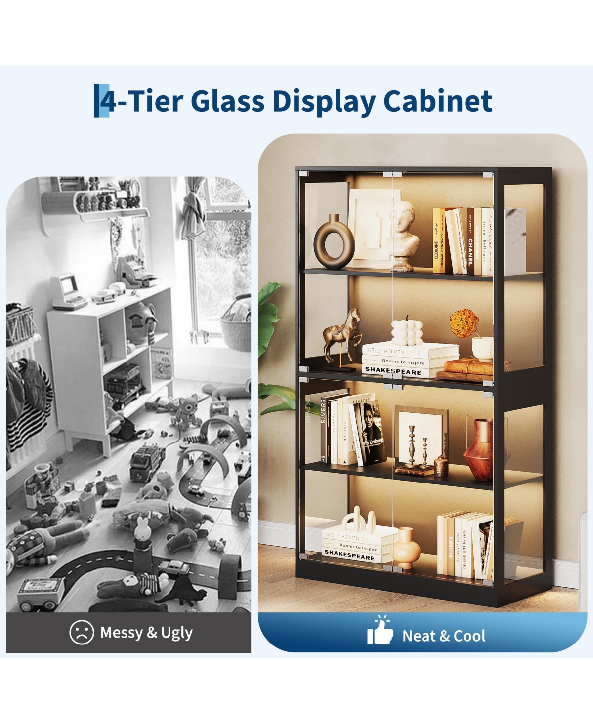 homfan Tempered Glass Display Cabinet with Motion Sensor Led Lighting and Built Usb, Usb C Charging Ports Secure Anti Tip Storage Organizer
